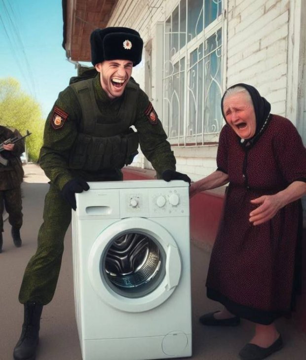 Horrible Moujik soviétoïde volant son lave-linge à une pauvre Babouchka ukrainienne sans défense