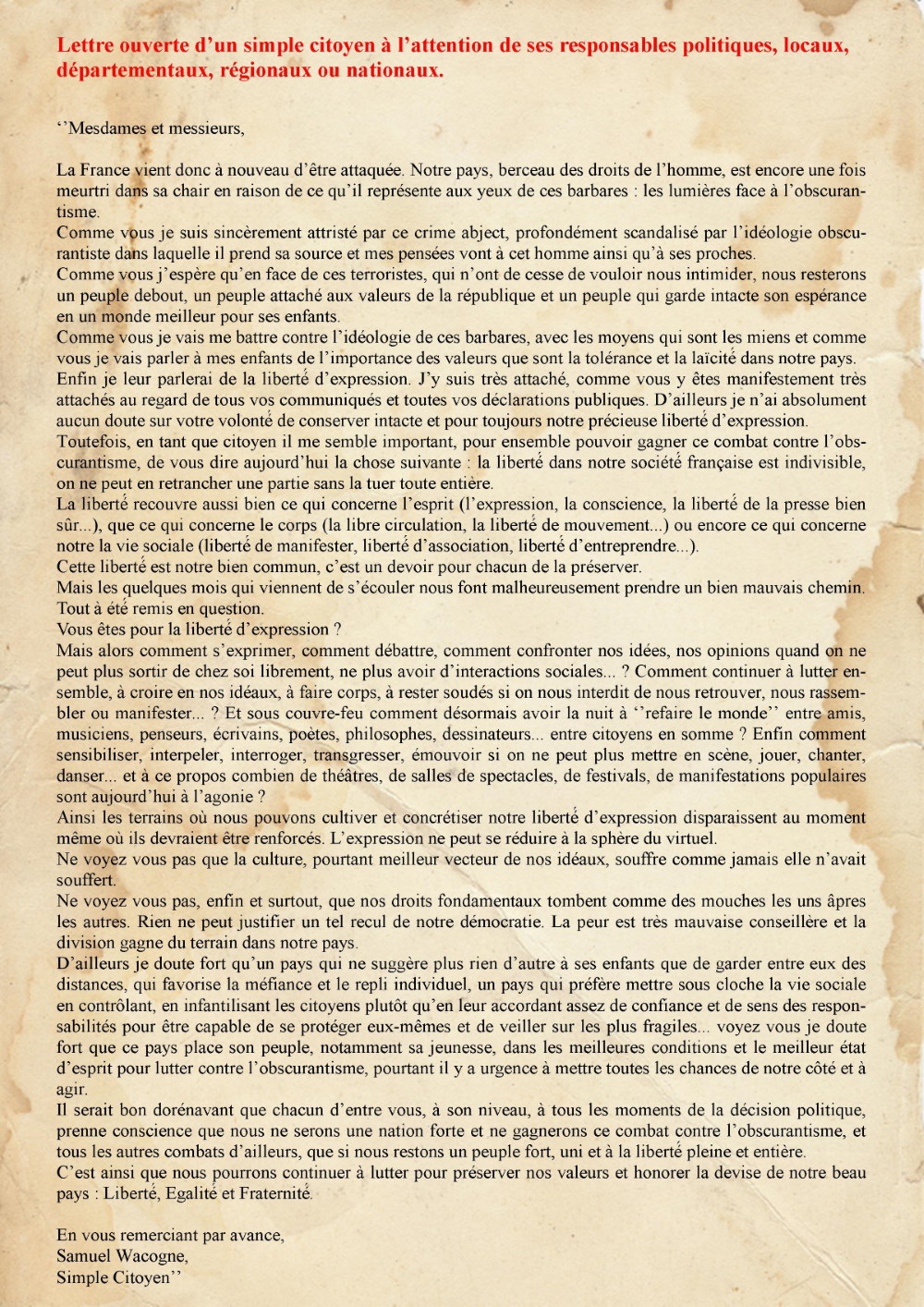 Lettre ouverte aux responsables politiques : la liberté est indivisible