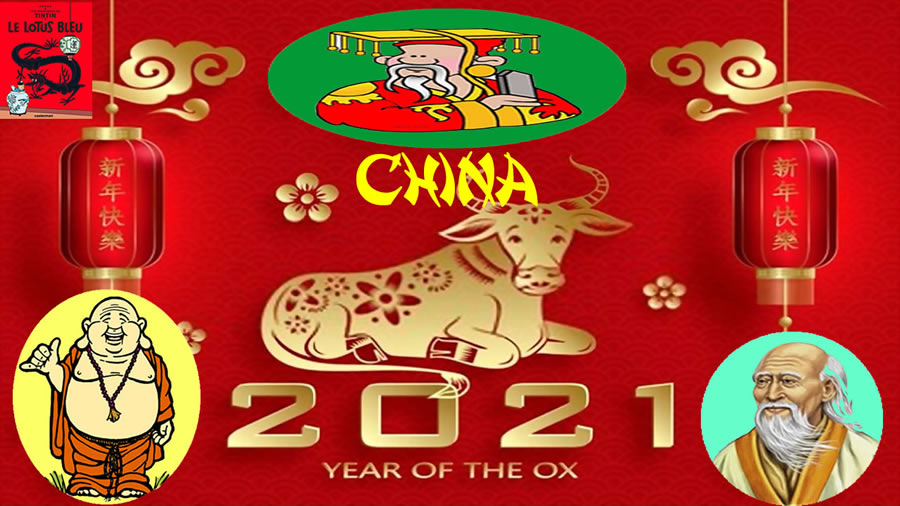 La CHINE conquérante vous souhaite une bonne année du buffle CONFUCIUS jubile, gros Bouddha rigole et LAO TSEU brocarde
