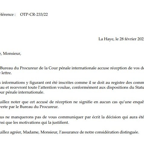 Enregistrement officiel de ma plainte à la Cour Pénale Internationale