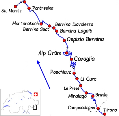 Carte Tirano  Pontresina par la ligne de la Bernina - Voyage Bernard Grua - Bernina Express - Rhtische Bahn, Chemins de fer rhtiques