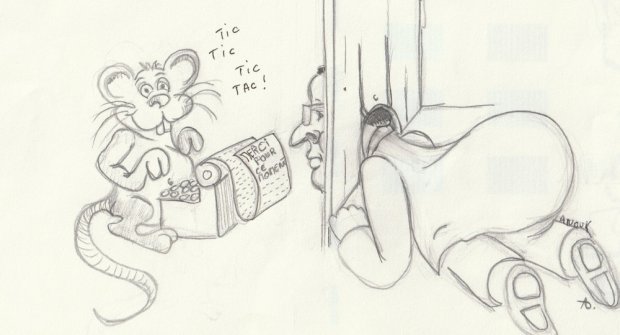 Le « Trou de souris » : expression réelle, seul créneau de tir qui restait aux Présidentielles de 2017 selon des membres de son entourage à M. Hollande. Une caricature d'Anouk Depeyrot sur une idée de Pierre-Gilles Bellin.