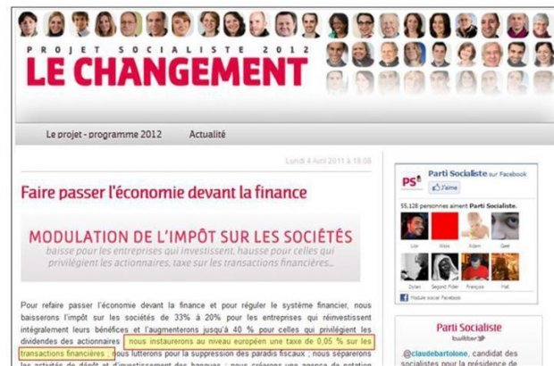 Saisie d'écran du programme électoral officiel de François Hollande et du PS sur le site du PS : [source : http://www.parti-socialiste.fr/articles/faire-passer-leconomie-devant-la-finance]