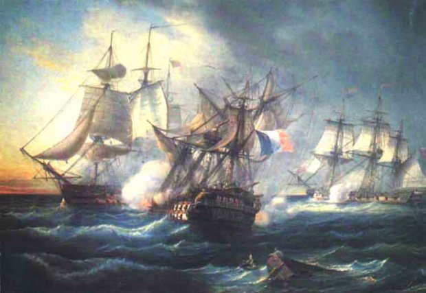 Navire français combattant dans la tempête.