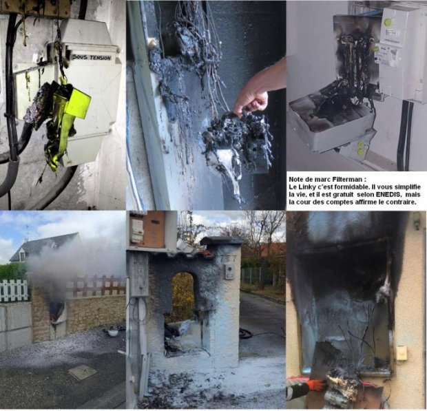 incendie de compteur electrique Linky qui explose, brule et met le feu, met pour EDF ERDF ENEDIS il peut s'enflammer {JPEG}