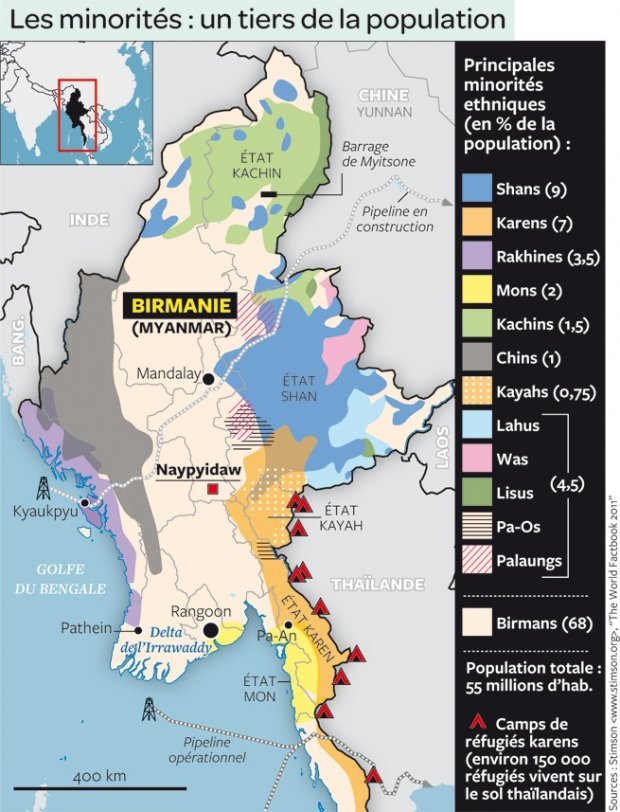 Carte représentant les différentes minorités de Birmanie et certains camps de réfugié