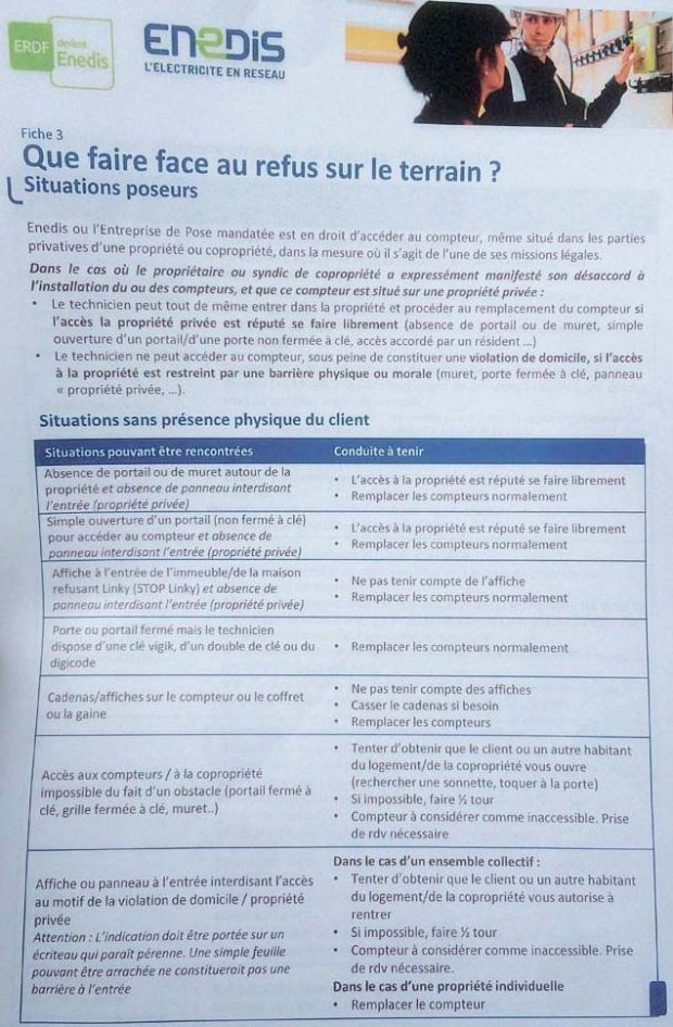 Consignes criminelles aux poseurs et installateurs de compteur électrique Linky, qu'EDF / Enedis dit avoir annulé.